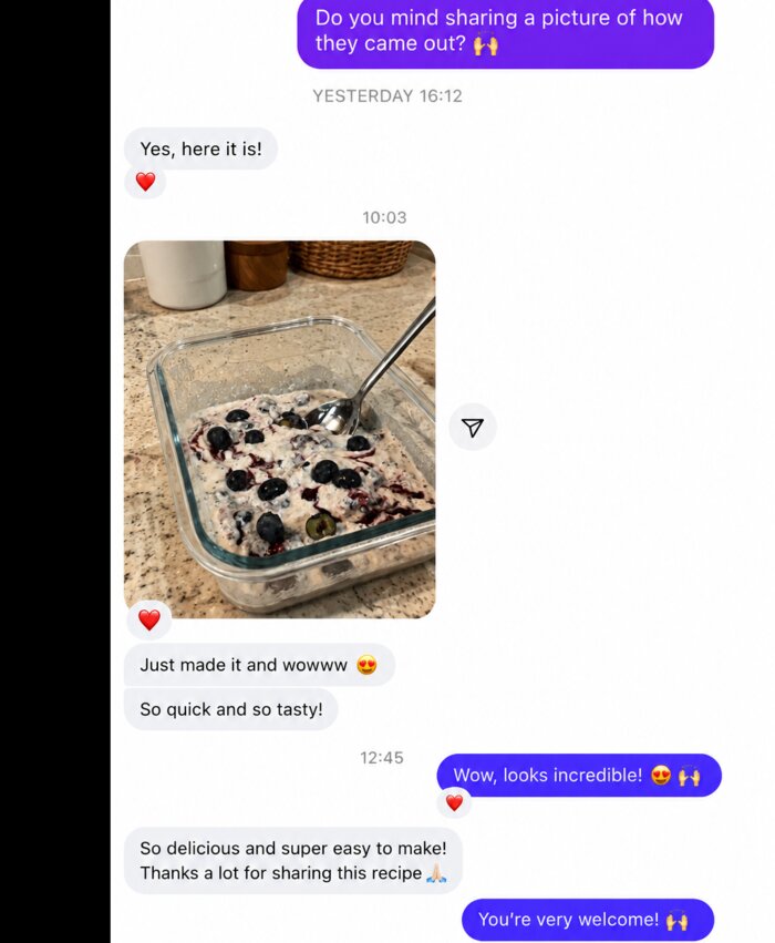 Follower sharing a photo of a blueberry protein oat bake they made