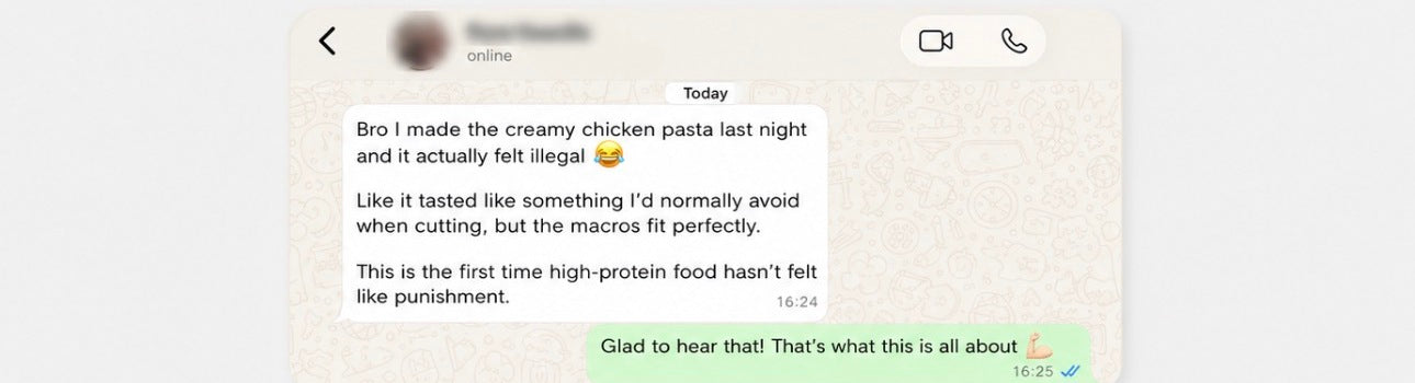 Client WhatsApp message about the recipes tasting indulgent while fitting macros