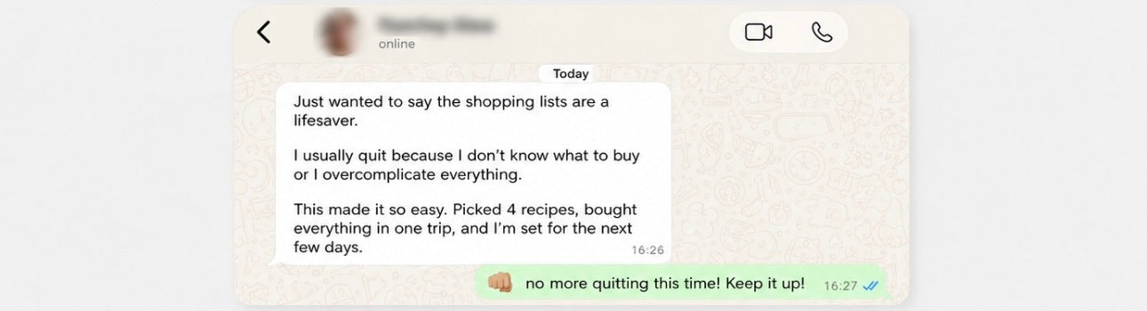 Client WhatsApp message about the shopping lists making things easier