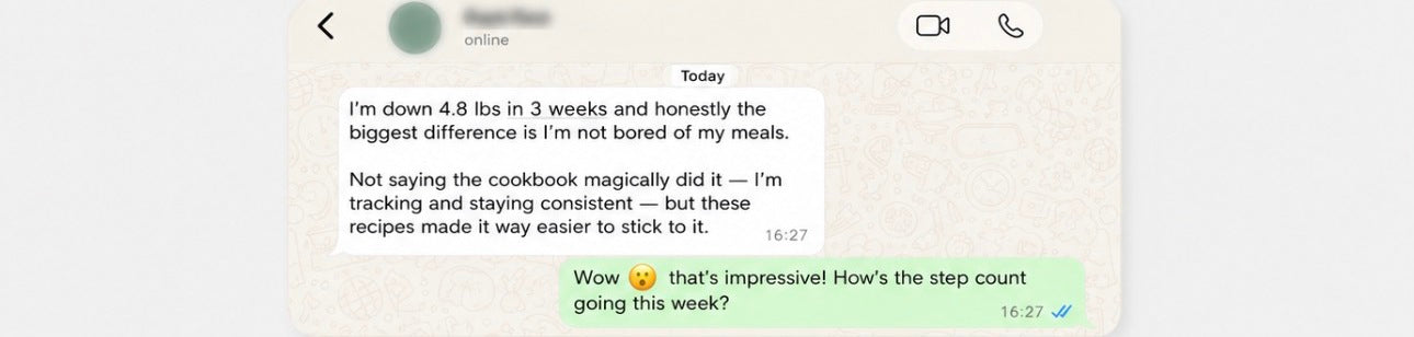 Client WhatsApp message about weight lost while using the recipes